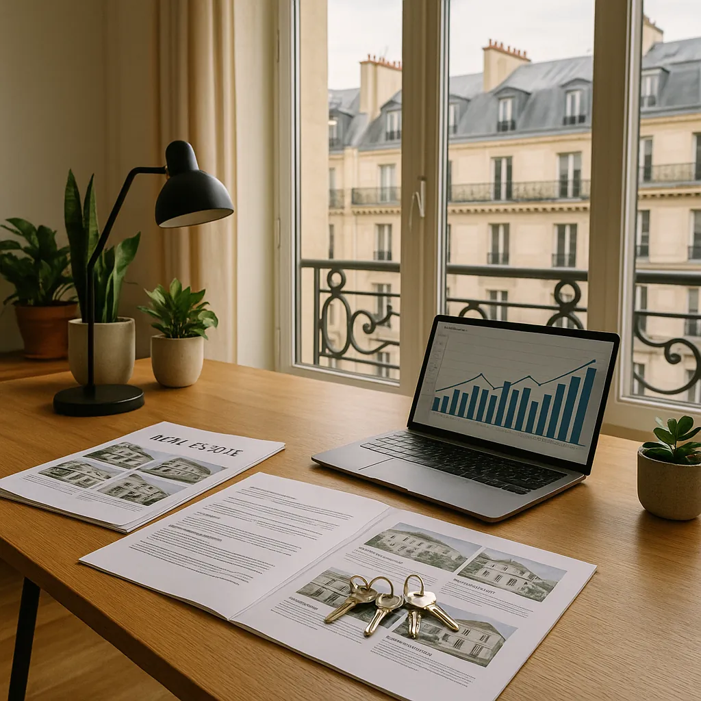 Bureau moderne et lumineux avec des dossiers immobiliers, des clés de propriétés et un ordinateur portable affichant des graphiques de performance, symbolisant le choix stratégique d'un réseau de mandataires immobiliers