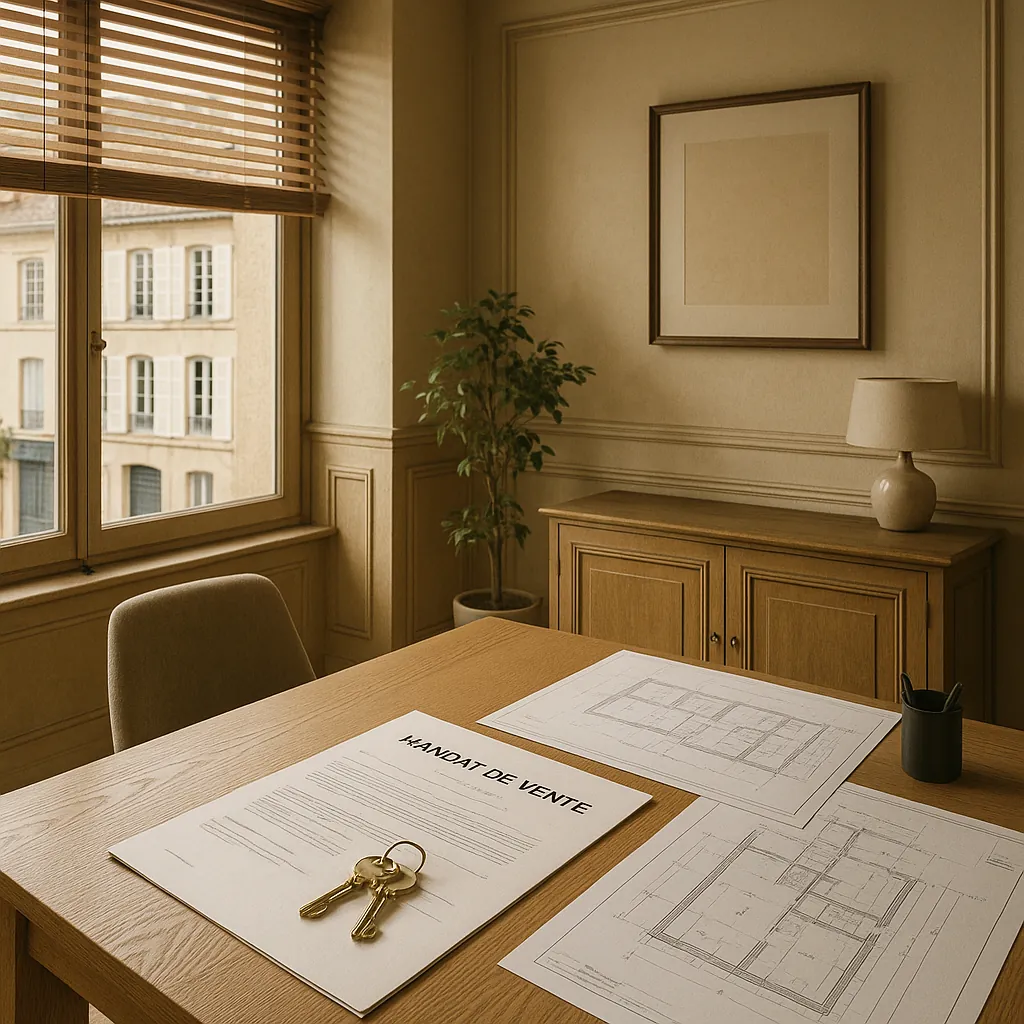 Bureau d'agent immobilier moderne avec contrats de mandat, clés de propriété et plans d'appartement disposés sur un bureau en bois, éclairage naturel chaleureux