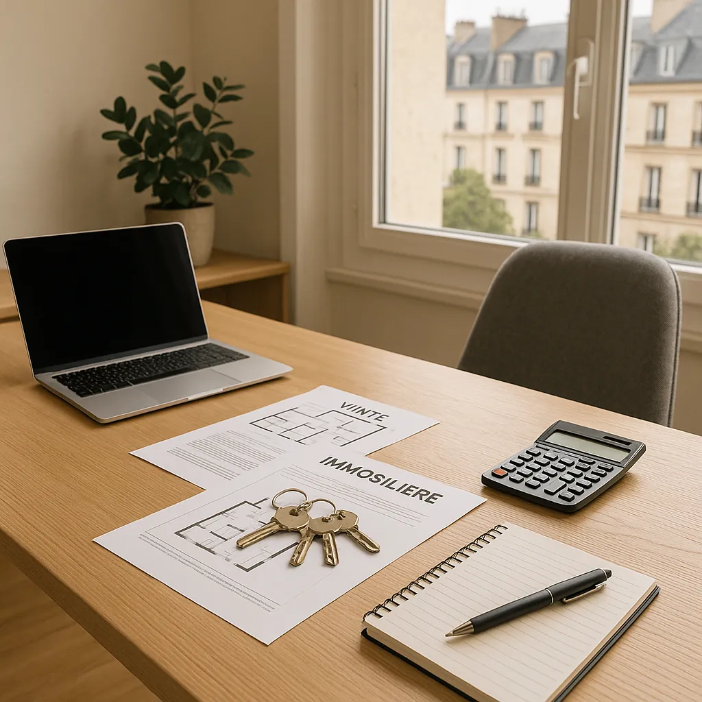 Bureau moderne d'un mandataire immobilier avec ordinateur portable, documents contractuels, clés de propriétés et calculatrice sur un desk en bois clair, ambiance professionnelle et organisée