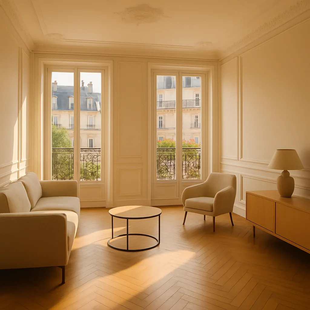 Intérieur d'appartement moderne lumineux avec grandes baies vitrées donnant sur balcon, salon épuré avec parquet chêne