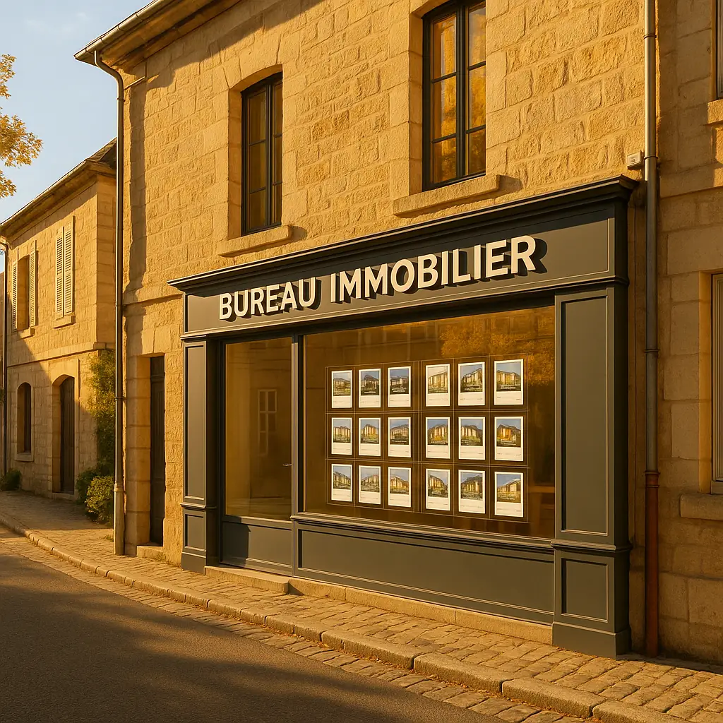 Bureau immobilier moderne dans une petite ville française avec façades traditionnelles en pierre, vitrine élégante avec annonces immobilières et ambiance chaleureuse d'automne
