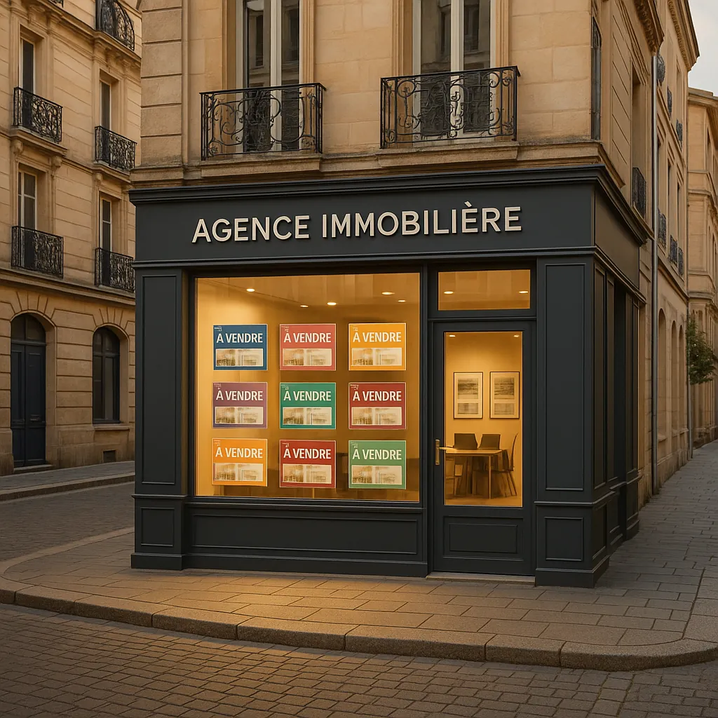 Bureau d'agence immobilière moderne dans une rue commerçante française avec vitrine lumineuse et panneaux à vendre