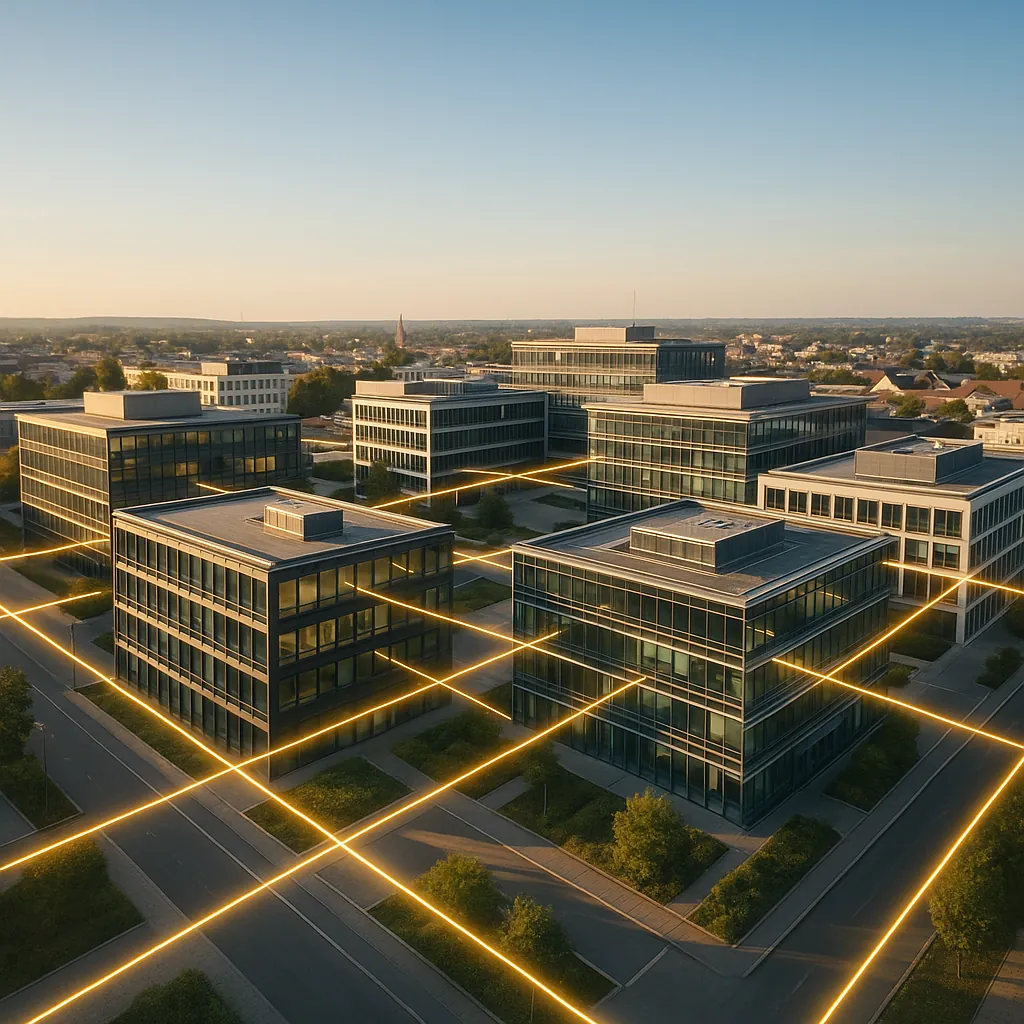 Réseau de bâtiments d'affaires modernes connectés par des lignes lumineuses symbolisant les partenariats professionnels, vue aérienne d'un quartier d'affaires français avec architecture contemporaine