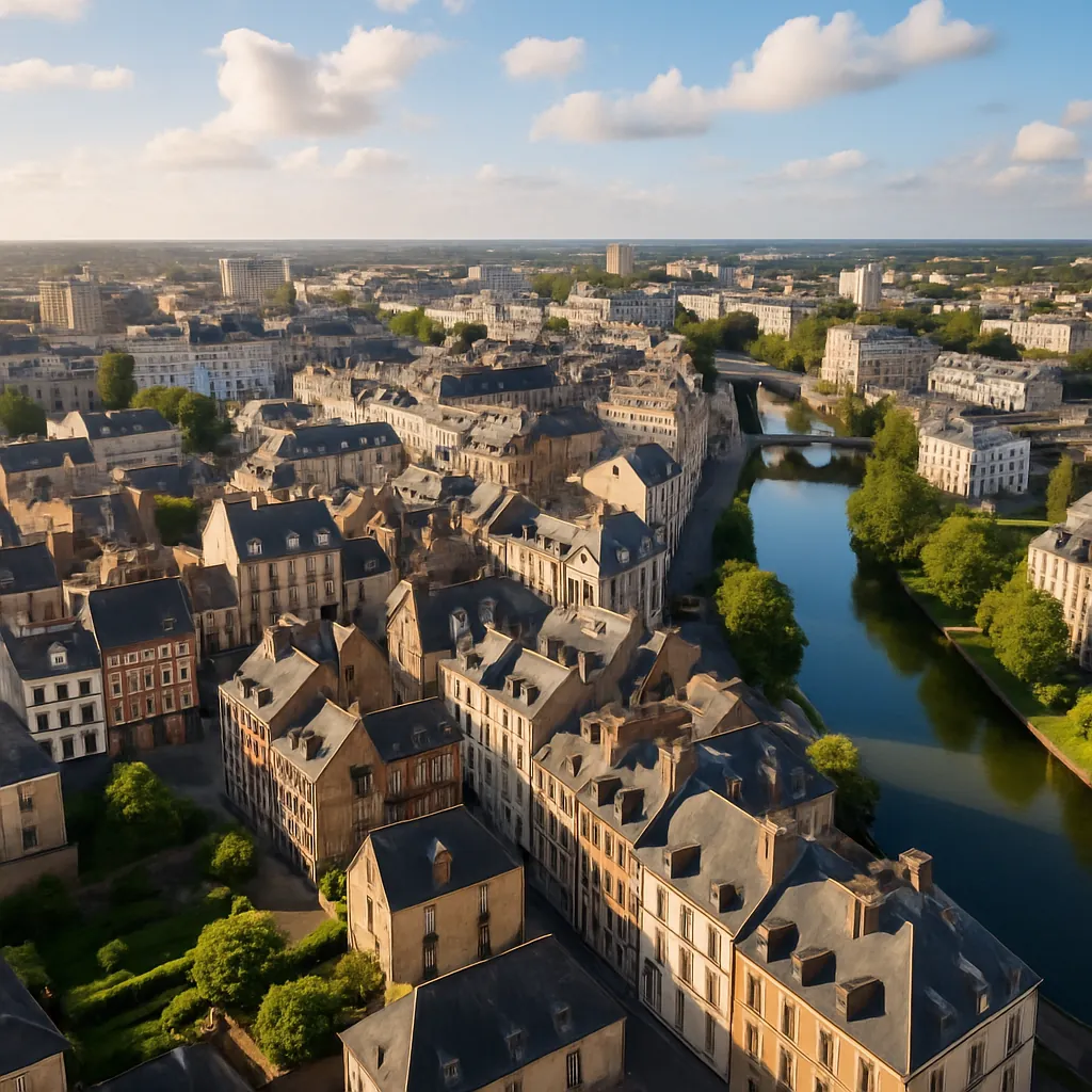 Vue panoramique du centre-ville historique de Rennes avec ses maisons à colombages typiques bretonnes et architecture moderne, ciel bleu lumineux