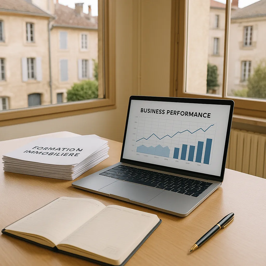 Bureau professionnel moderne avec ordinateur affichant des graphiques de performance commerciale, documents de formation immobilière et agenda ouvert, symbolisant l'organisation nécessaire pour éviter les erreurs de débutant