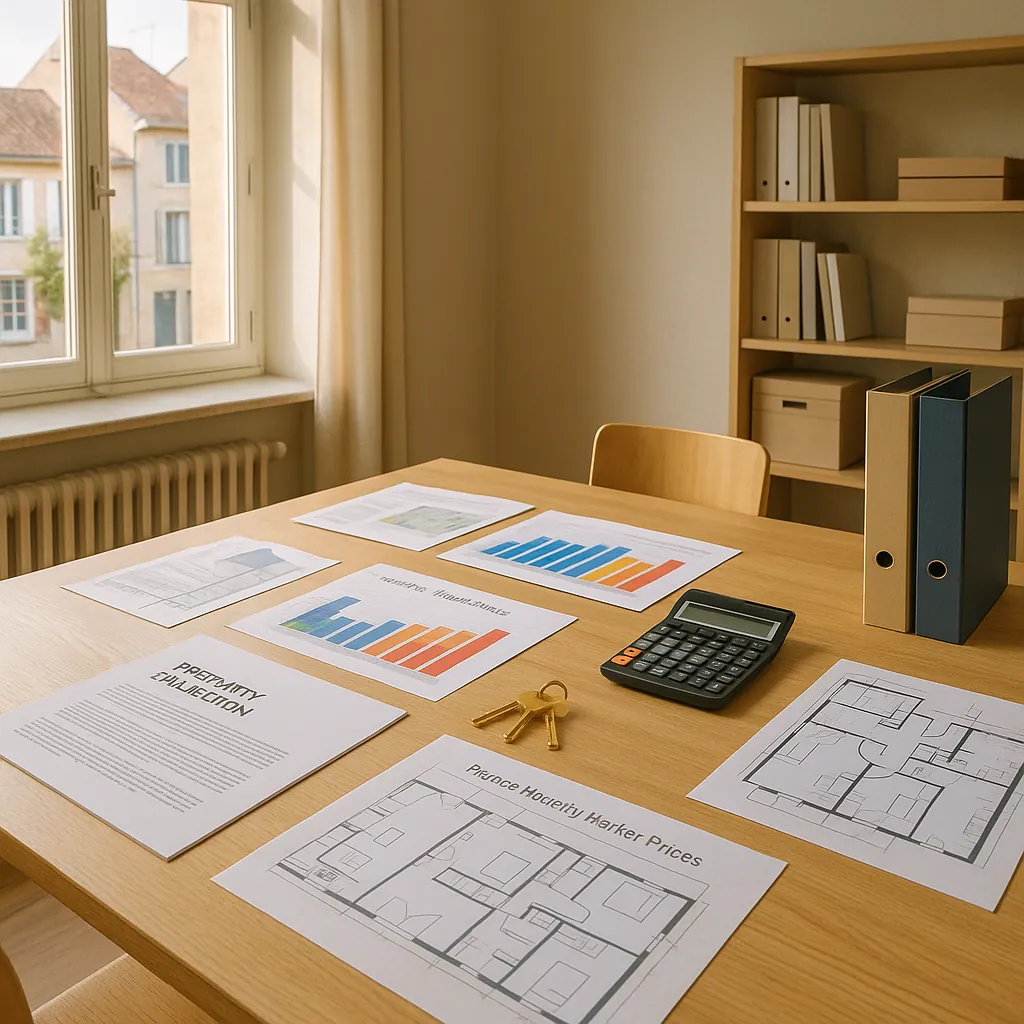 Vue d'ensemble d'un bureau d'estimation immobilière moderne avec documents d'évaluation, graphiques de prix du marché et plans de propriétés étalés sur une table en bois, éclairage professionnel naturel