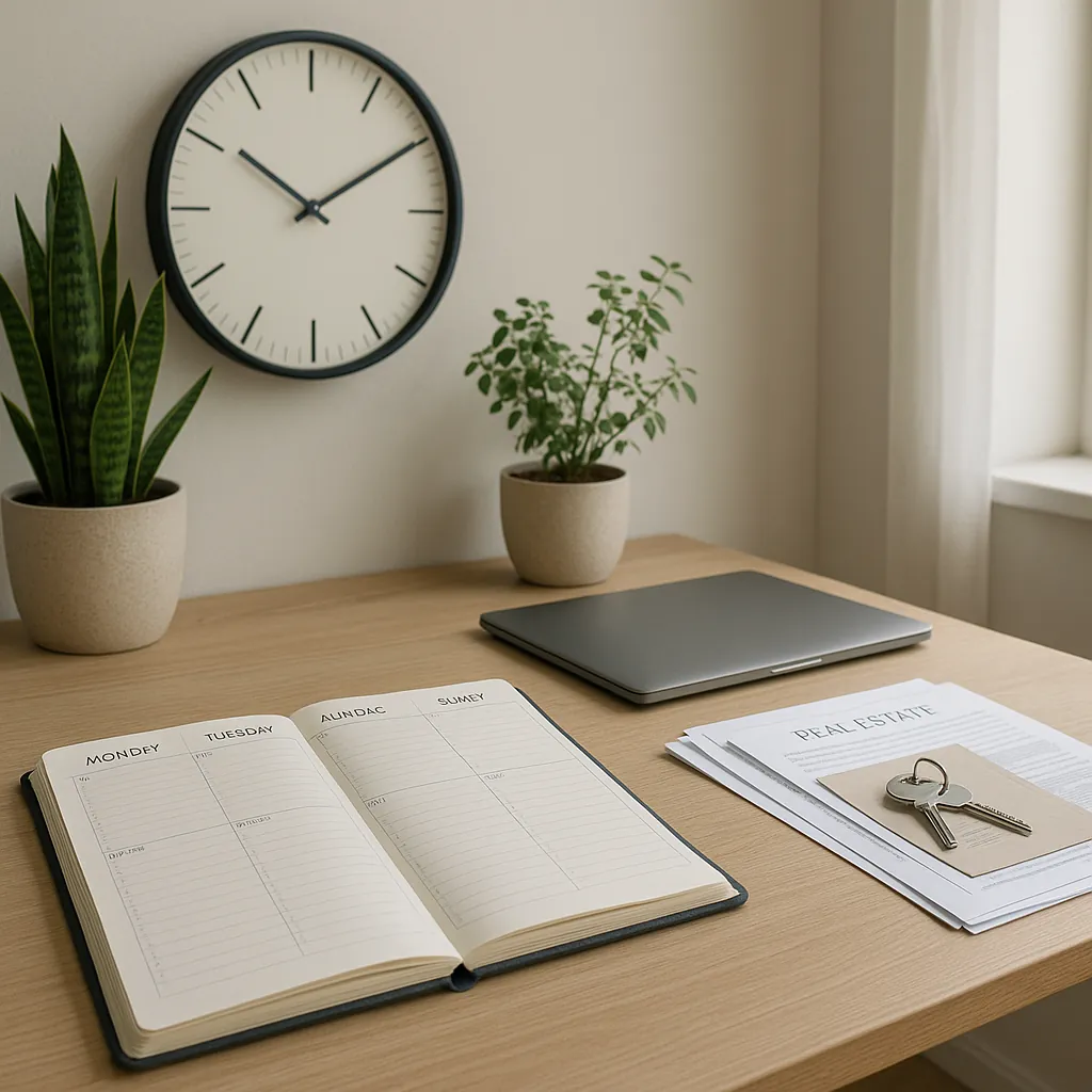 Bureau de travail moderne et organisé avec agenda ouvert, horloge élégante et plantes vertes, symbolisant l'équilibre et la gestion efficace du temps