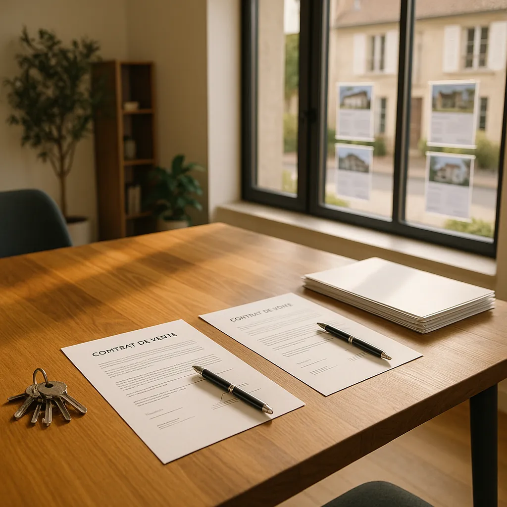 Bureau d'agence immobilière moderne avec contrats de vente signés sur une table en bois, clés de propriétés et documentation administrative, éclairage naturel chaleureux