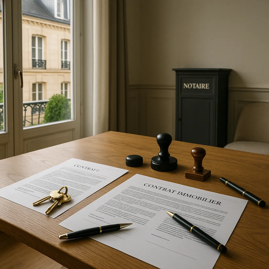 Bureau d'étude notariale moderne avec contrats immobiliers et clés sur une table, éclairage naturel tamisé, style professionnel français
