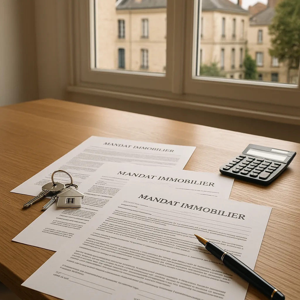 Documents de mandat immobilier posés sur un bureau moderne avec clés de maison et stylo, éclairage professionnel, style juridique français