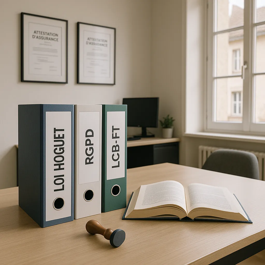 Bureau moderne d'agence immobilière avec documents de conformité légale, code juridique et dossiers réglementaires bien organisés sur un bureau professionnel