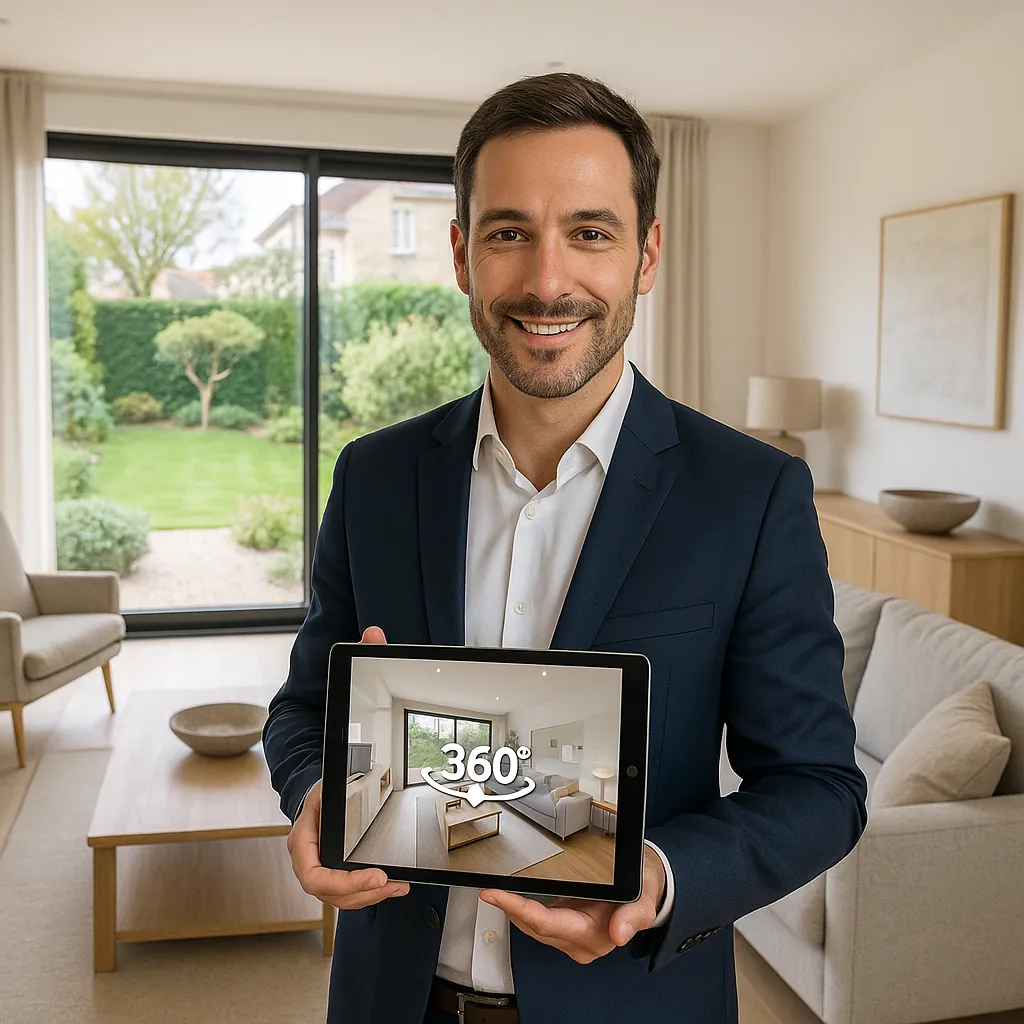 Mandataire immobilier utilisant une tablette tactile pour présenter une visite virtuelle 360° dans un salon moderne avec baies vitrées donnant sur un jardin paysager