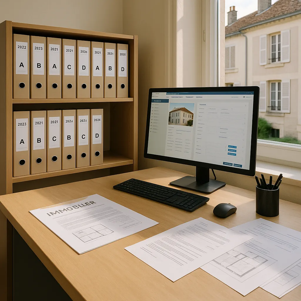 Bureau professionnel organisé avec dossiers immobiliers classés, documents légaux et écran d'ordinateur montrant une interface de gestion documentaire