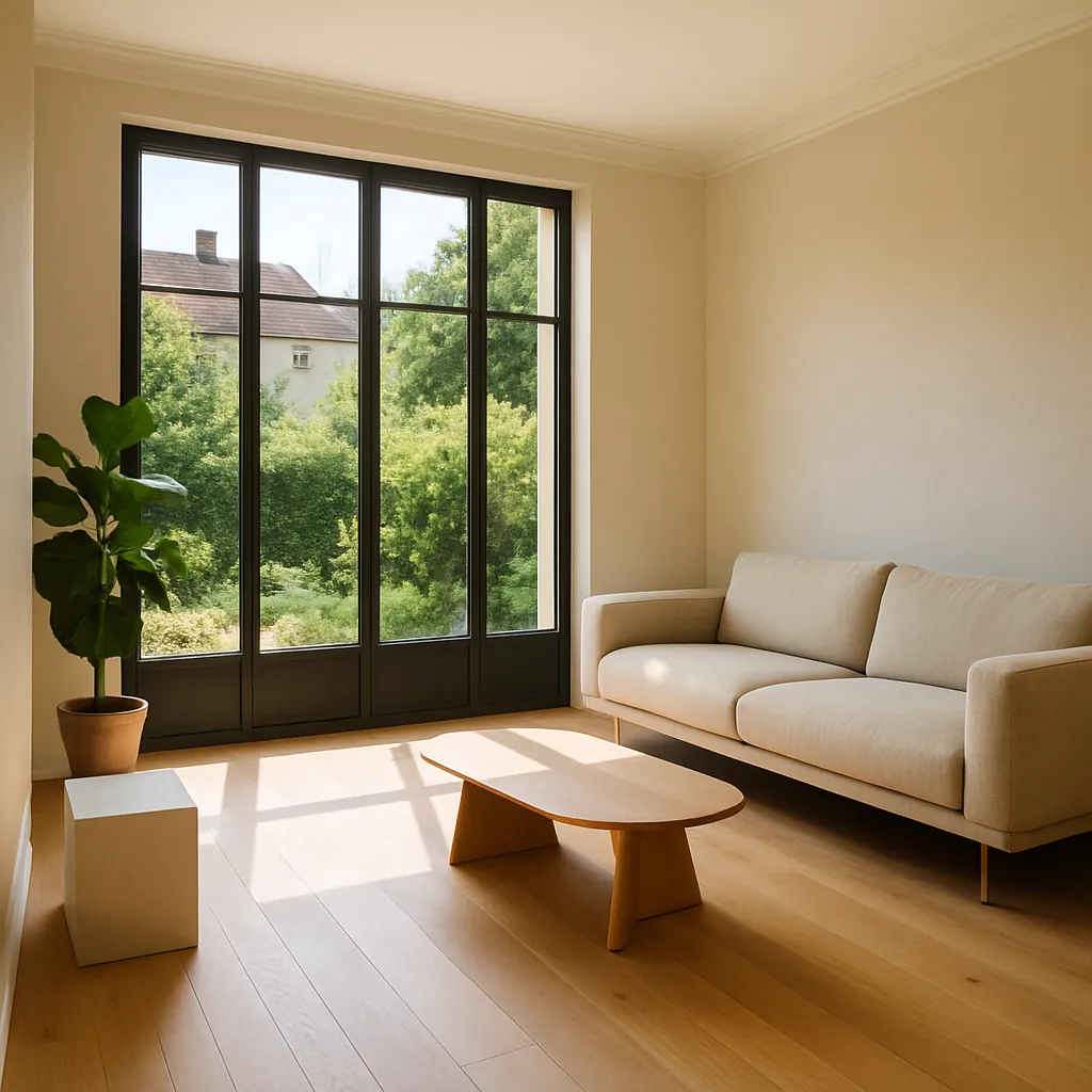 Salon moderne et lumineux avec grandes baies vitrées, mobilier épuré et décoration home staging, parfait éclairage naturel valorisant les volumes