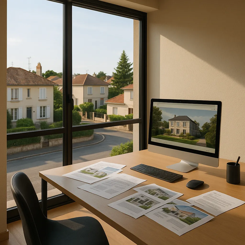 Espace de travail moderne avec vue panoramique sur quartier résidentiel français, bureau épuré avec documents immobiliers et écran d'ordinateur