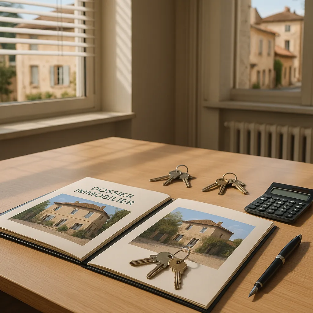 Bureau moderne avec documents immobiliers et clés de propriétés, éclairage professionnel