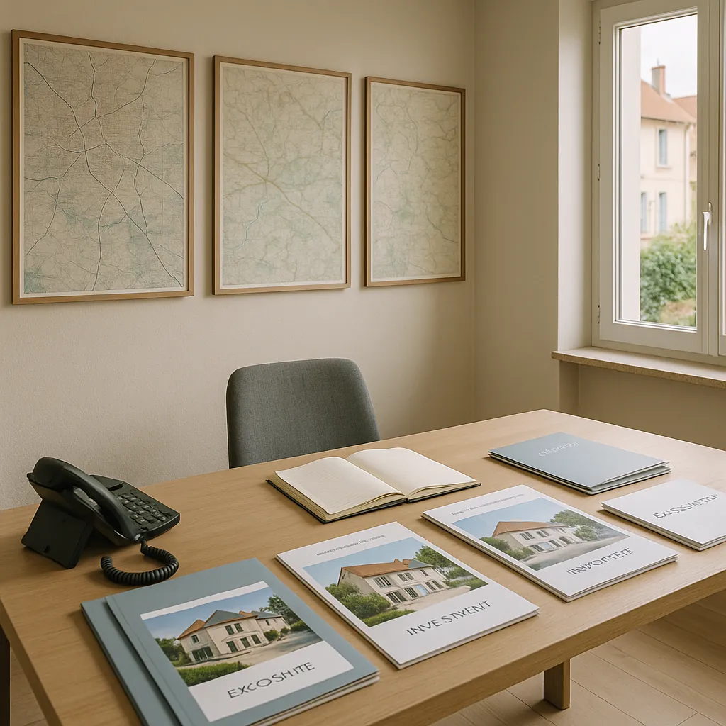 Bureau de mandataire immobilier moderne avec cartes du secteur local, téléphone et documentation de prospection disposés sur un bureau en bois