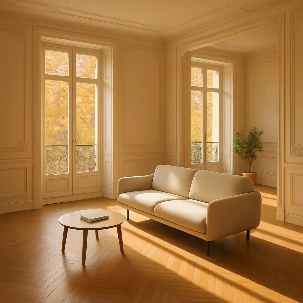 Élégant appartement parisien avec grandes baies vitrées donnant sur cour arborée, décoration moderne et lumière naturelle douce