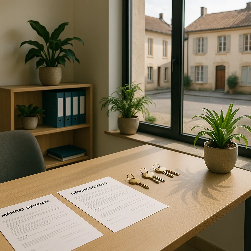 Bureau d'agence immobilière avec contrats de mandat et clés de propriétés sur un bureau en bois moderne, éclairage naturel et plantes vertes