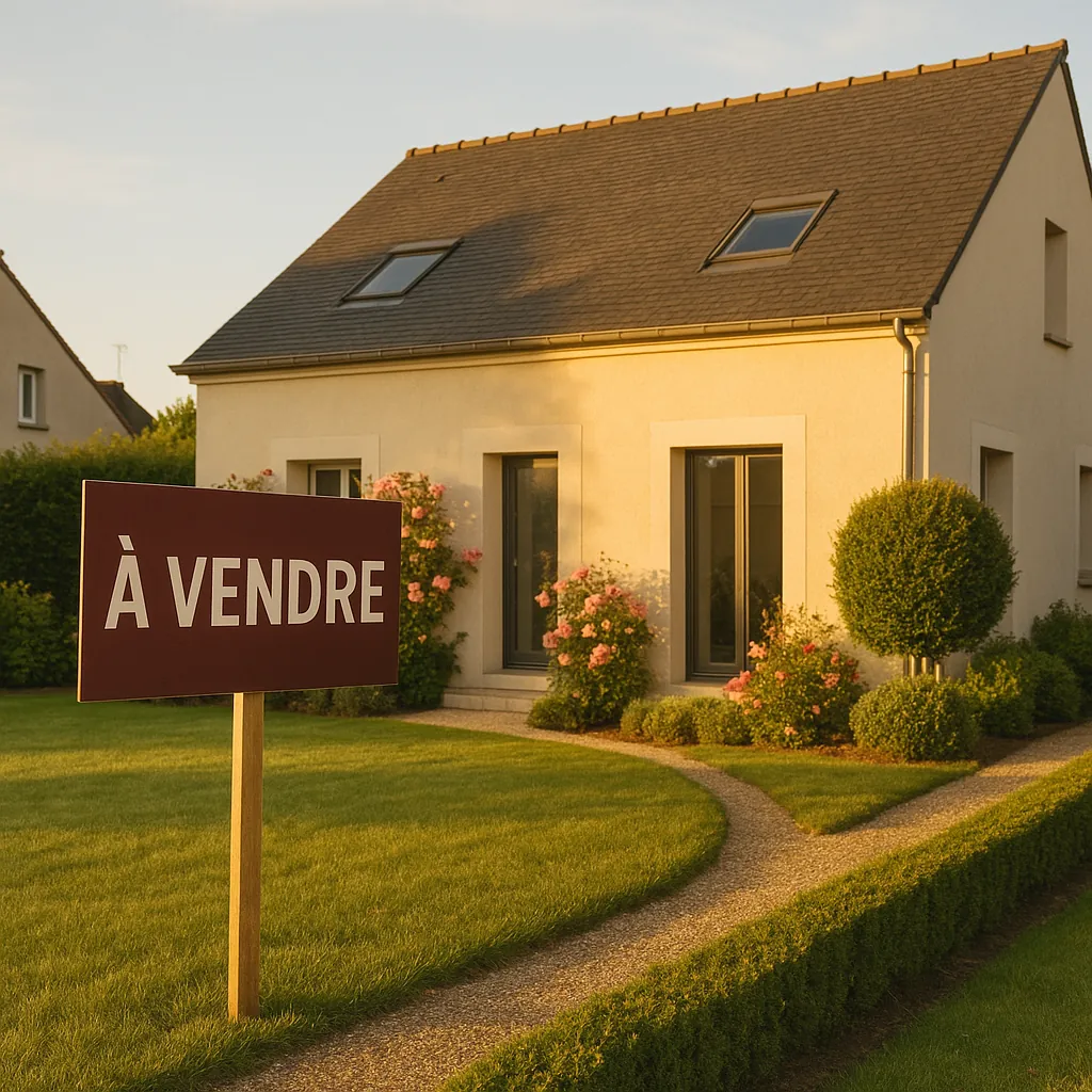 Panneau à vendre devant une maison familiale moderne avec jardin fleuri, symbolisant la confiance et la réussite commerciale