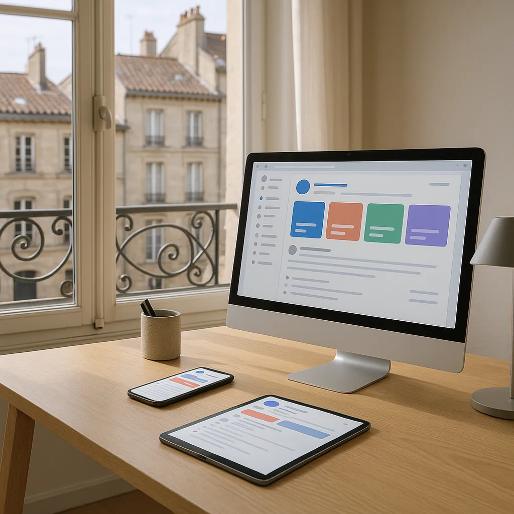 Bureau moderne avec écran d'ordinateur affichant différentes interfaces de réseaux sociaux, smartphone et tablette posés sur un bureau en bois clair, lumière naturelle douce