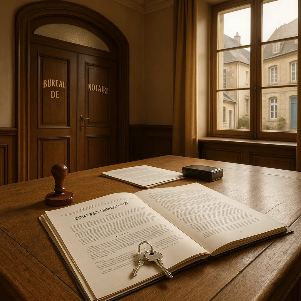 Dossier de transaction immobilière avec documents contractuels et clés posés sur un bureau d'étude notariale