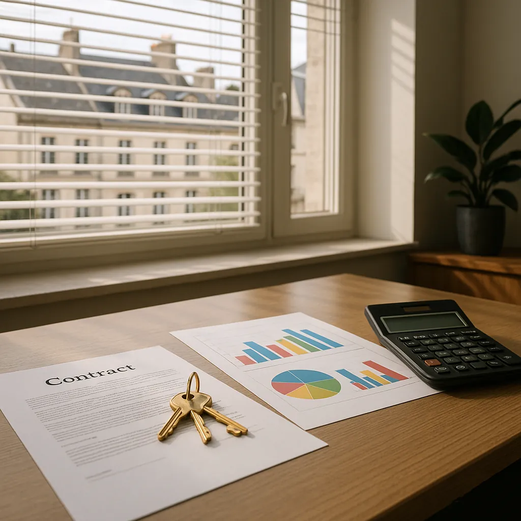 Calculatrice et documents financiers sur bureau avec graphiques de revenus immobiliers