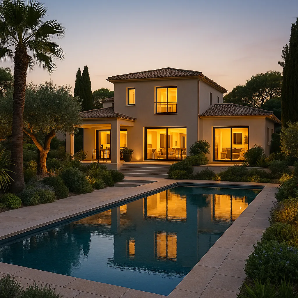 Villa de prestige avec piscine à débordement dans un écrin de verdure méditerranéen, architecture contemporaine aux lignes épurées