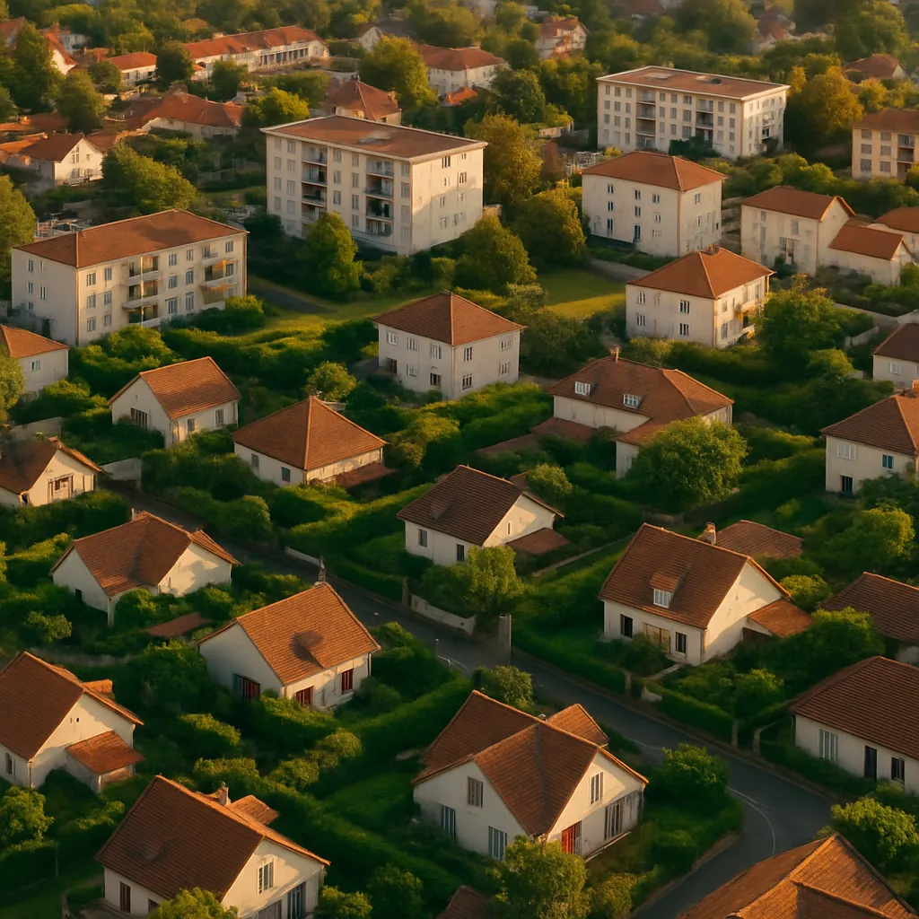 Vue panoramique d'un quartier résidentiel français avec différents types d'architecture, jardins verdoyants et perspectives urbaines montrant la diversité immobilière d'un secteur géographique
