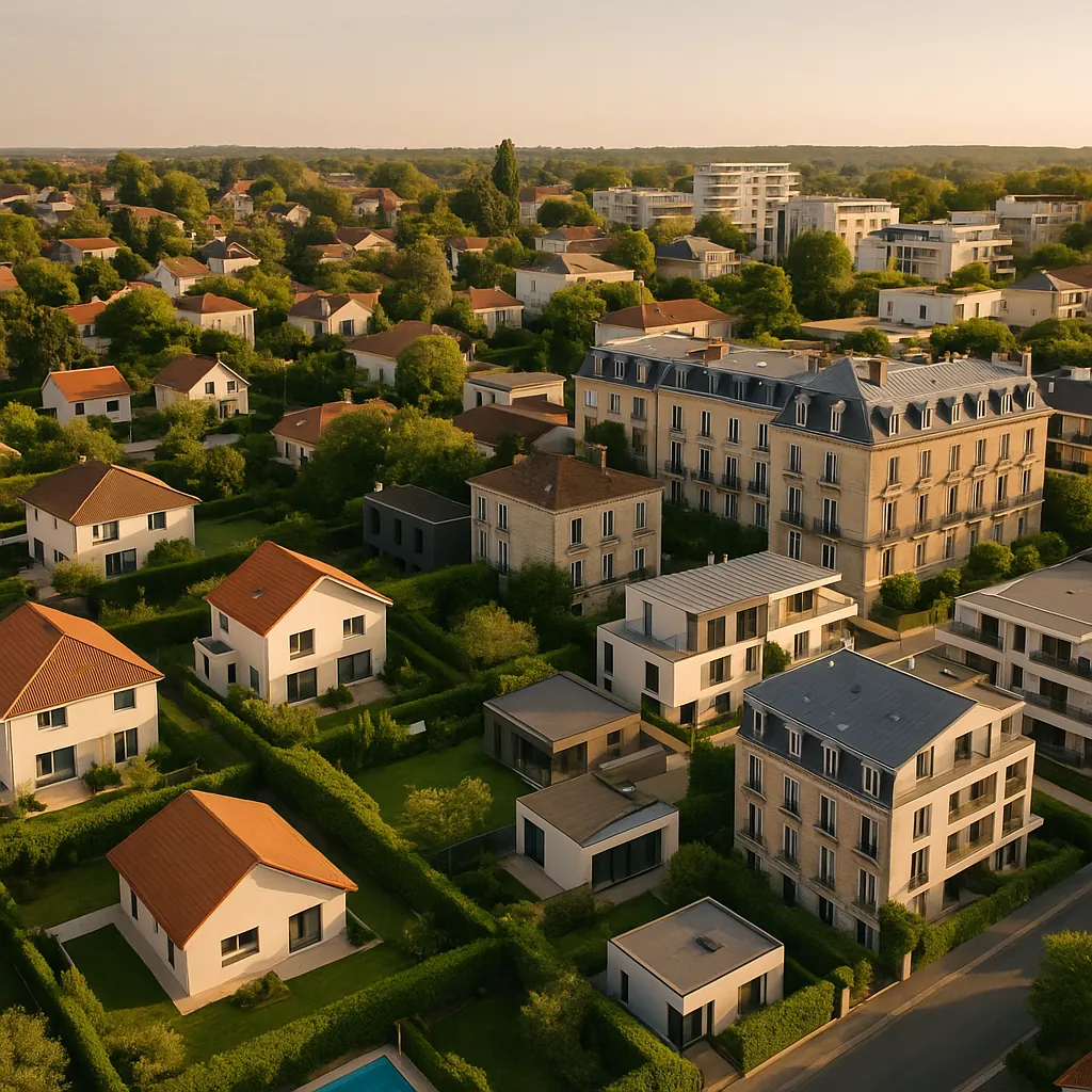 Vue panoramique de différents types de propriétés immobilières françaises illustrant la diversité du marché : maison contemporaine, appartement haussmannien, immeuble commercial et villa de prestige