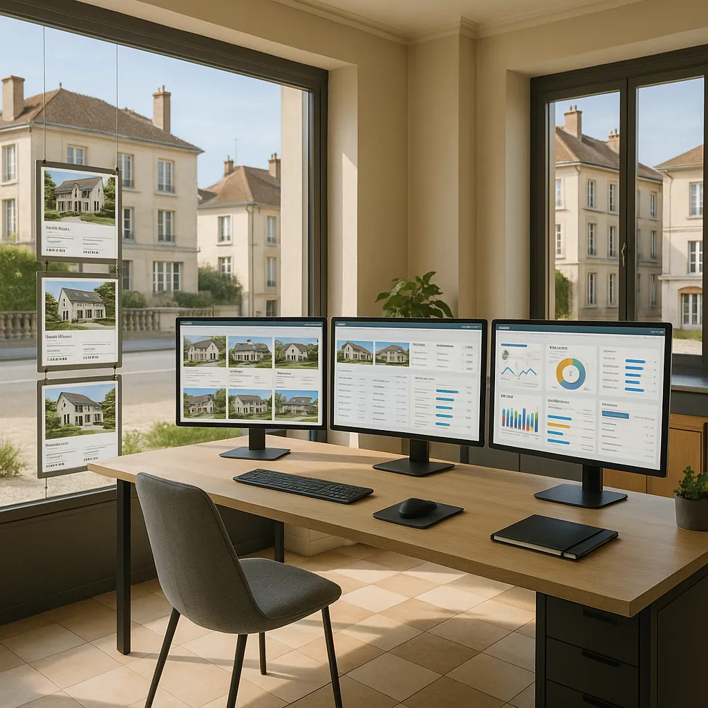 Bureau d'agence immobilière moderne avec écrans d'ordinateur affichant des fiches de biens immobiliers et des graphiques de suivi, organisé et lumineux
