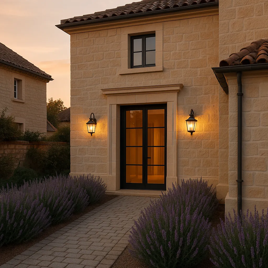 Entrée élégante d'une maison contemporaine avec porte vitrée moderne, allée pavée bordée de lavandes et éclairage extérieur chaleureux au coucher du soleil