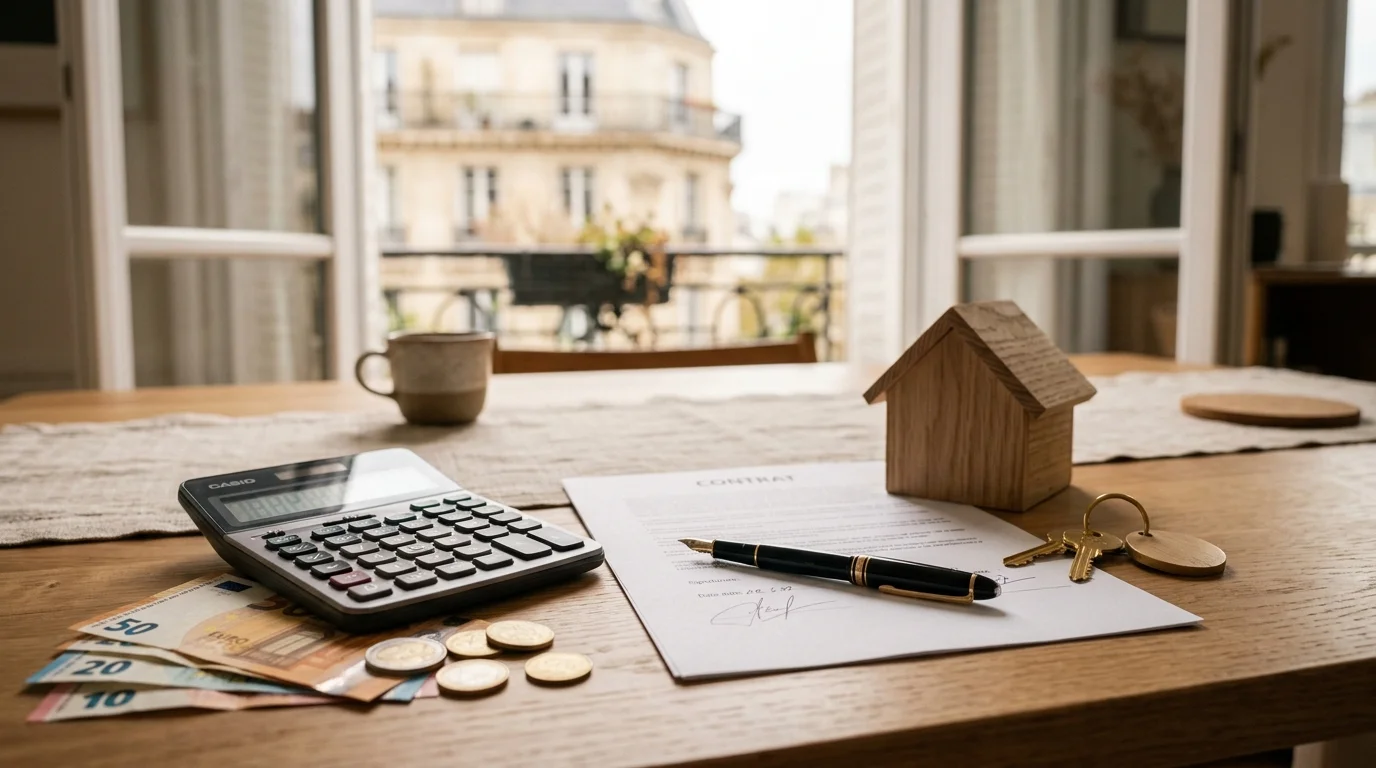 Calculatrice, billets, contrat et maquette de maison sur un bureau : commissions des réseaux de mandataires