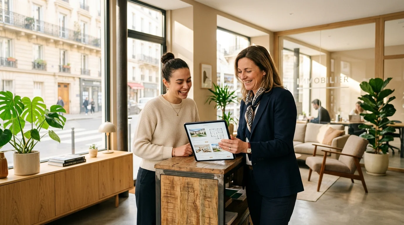 Agent immobilier accueillant une nouvelle recrue dans une agence parisienne lumineuse