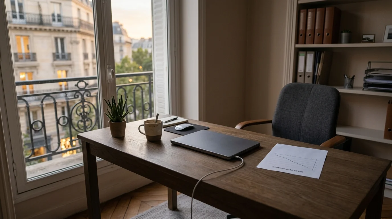 Bureau immobilier calme avec un graphique d'effectifs en baisse, vue sur un immeuble parisien