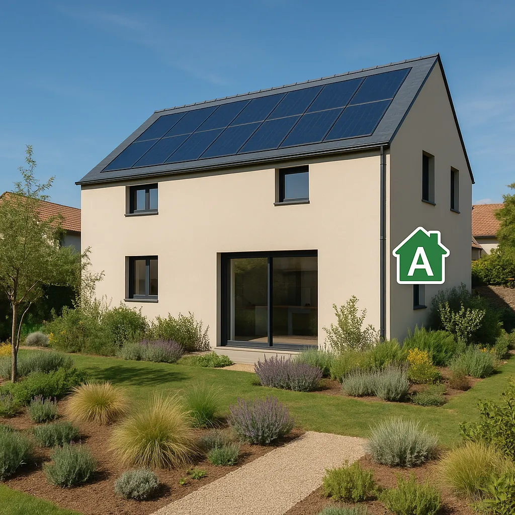 Maison moderne avec panneaux solaires sur le toit et étiquette DPE verte classe A, jardin paysager et façade contemporaine éco-responsable