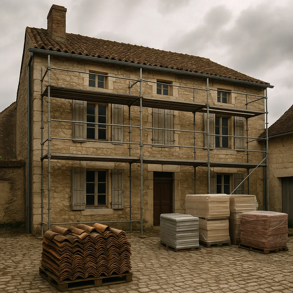 Façade d'une maison ancienne nécessitant des travaux de rénovation, avec échafaudages et matériaux de construction dans la cour, sous un ciel nuageux typiquement français